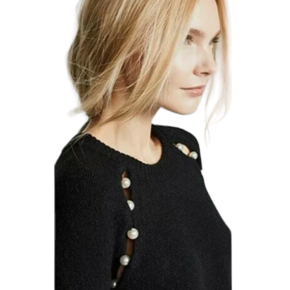 Alice + Olivia Large Pearl Cut Out Black Sweater